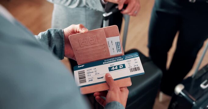 Business, checking or hands at airport with boarding pass, ticket inspection or passport for corporate trip. Above, booking review or man with slip, employee permit or travel confirmation for flight.