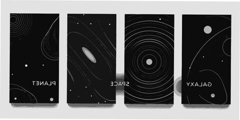 four vertical space themed posters with celestial bodies and rings poster planet galaxy cosmic astronomy universe vector illustration black white artwork © SayanKumar