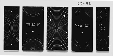 five vertical space themed posters with black and white cosmic designs poster design planet galaxy stars orbit astronomy vector illustration artwork © SayanKumar