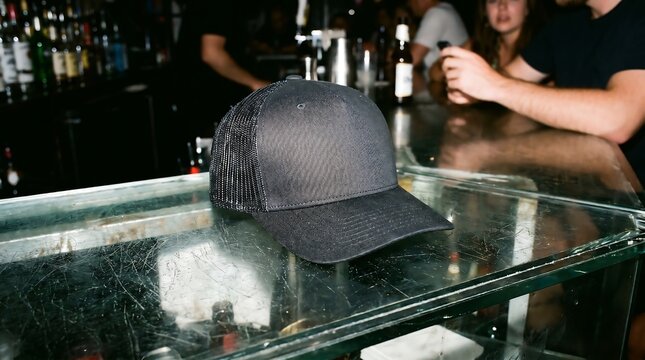 Plain solid black trucker cap resting on a scratched glass bar countertop, raw night-out snapshot style with direct camera flash exposure and deep contrasting shadows