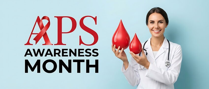 Aps awareness month banner with doctor holding blood drops and red ribbon symbol for medical support.
