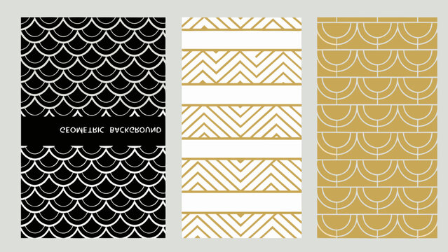 four vertical rectangular designs with geometric patterns and color variations rectangles black white gold accents art deco modern abstract shapes lines