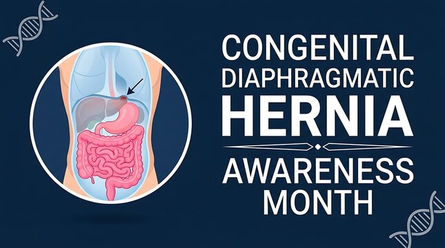 Congenital diaphragmatic hernia CDH awareness month infographic with human torso showing organs and DNA helix on dark background.