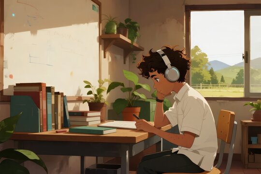 Thoughtful young student with headphones writing at a desk next to a sunny window representing focused remote education