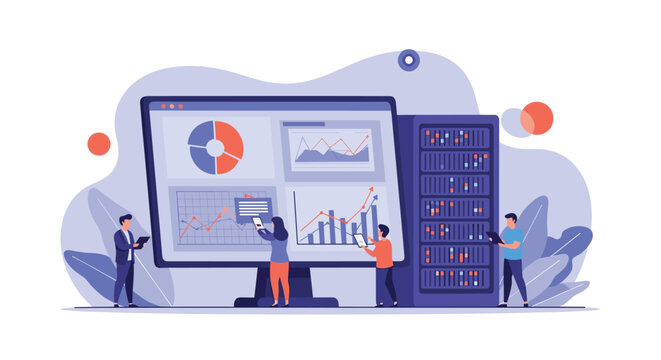 Professional technical support team monitors data center performance and server analytics on a large digital screen display.