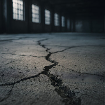 Cracked Floor in Abandoned Building: A stark image of a severely cracked concrete floor stretching across an abandoned industrial space, with rows of dusty windows visible in the dim light.
