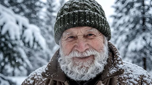 Elderly Man with Frosty Beard Smiling in Snowy Forest.