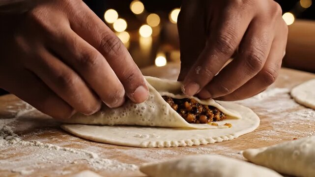 Hands preparing delicious empanadas with savory filling on a floured surface.