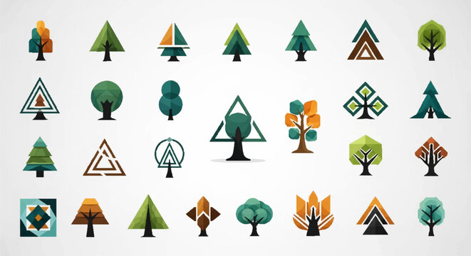 Geometric forest trees with pixelated dot matrix texture