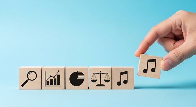 Hand placing wooden block with musical note next to analysis and balance symbols wooden blocks music symbol