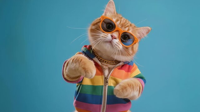 Funny cool ginger cat wearing orange sunglasses, rainbow striped jacket and gold chain dancing against bright blue studio background.