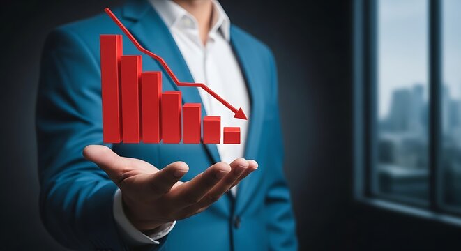 Man in blue suit holding red downward trending bar graph with arrow business finance chart data