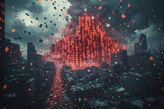 A dark, stormy cityscape with a massive, glowing red data structure exploding in the sky, surrounded by falling digital particles.