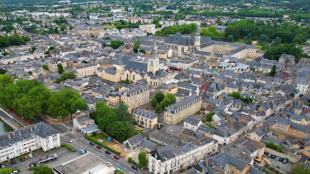  Aerial view beside the old town above the city La Fl&egrave;che in France, on a cloudy noon in early summer.