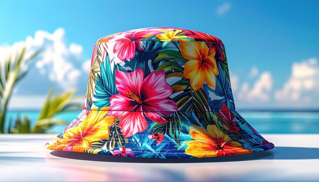 Vibrant tropical floral bucket hat outdoors.