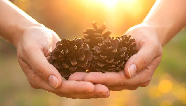 Gentle hands hold pinecones