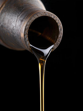 Laminar Flow of Thick Black Crude Oil Pouring from Steel Pipe