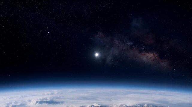 Dark space fills the frame. Earth's blue curve glows below. Milky Way swirls like a cosmic river. Clouds swirl above the planet's surface. Stars scatter across the night sky