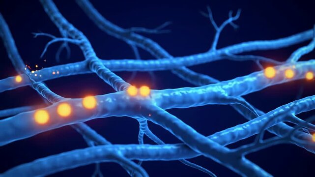 Intricate Glowing Neural Connections Visualization with Active Synapses and Dynamic Neuronal Communication Over Dark Blue Background