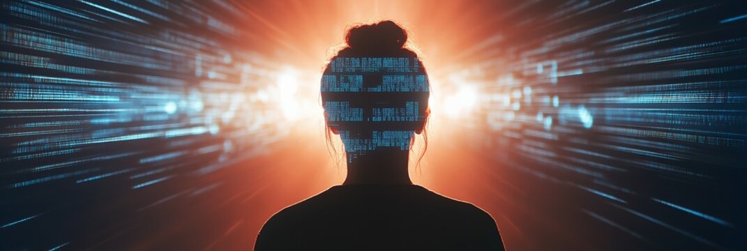 Silhouetted woman surrounded by flowing data and binary code, illustrating career choice challenges and job insecurity in the rapidly evolving digital landscape