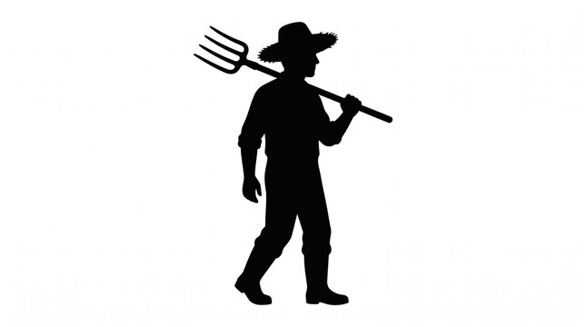 Male farmer walking with pitchfork on shoulder silhouette isolated on white background