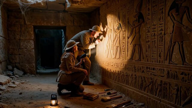 Two archaeologists in pith helmets examining ancient Egyptian hieroglyphic wall carvings with flashlight and magnifying glass inside dark underground tomb.