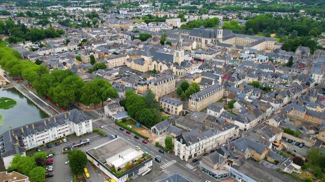  Aerial view beside the old town above the city La Fl&egrave;che in France, on a cloudy noon in early summer.