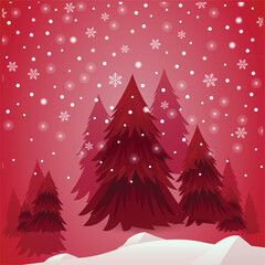 Fototapeta premium Red Christmas Trees in a Snowy Forest, Festive Winter Landscape Background with Pine Trees and Snowflakes.