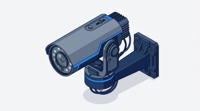 The scene shows a detailed isometric view of a security camera on a wall, designed for surveillance and safety monitoring in a structured setting.