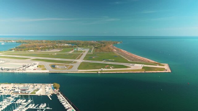 Toronto Billy Bishop Island Airport Spring Aerial Drone 4K Lake Ontario