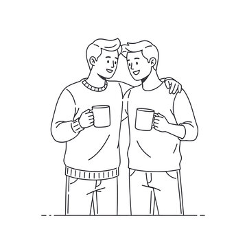 Two men stand together smiling with arms around each other holding coffee mugs