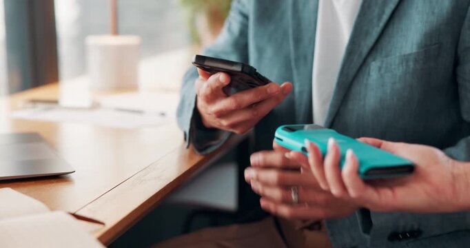 Hands, people or payment with phone in restaurant, cashless transaction or app for electronic wallet. Pos machine, server or business person with mobile for purchase, screen or customer convenience