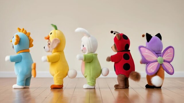Adorable pets in colorful animal costumes standing in a row on a wooden floor, featuring cat, puppy, bunny, bear, and fox outfits in a playful kawaii style.