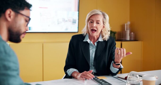 Feedback, meeting and writing with business people in office together for development or training. Explain, notes and review with woman speaking to man in workplace for planning, report or research