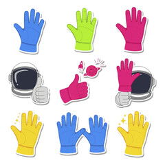 Fototapeta premium Set of colorful astronaut gloves and space helmet vector sticker icons.