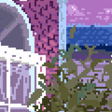 8bit pixel art background of house window view looking out to blue sea ocean and purple sunset sky retro game minimalist landscape vector illustration