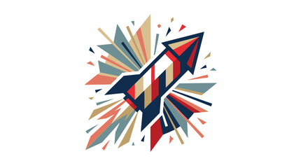 Fototapeta premium Colorful abstract rocket ship blasting off with geometric shapes.