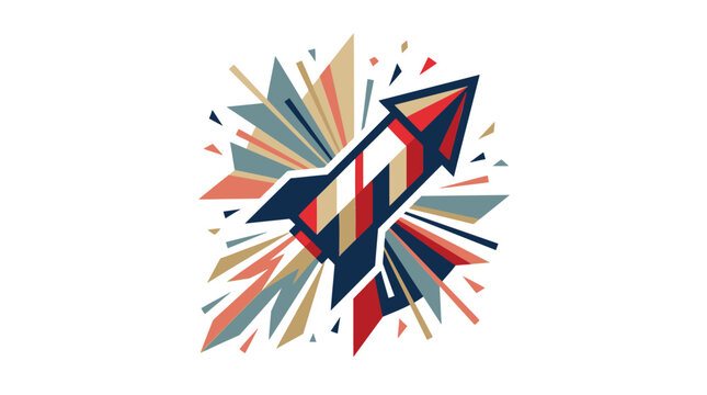 Colorful abstract rocket ship blasting off with geometric shapes.