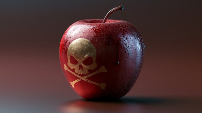 Poison apple sits alone. For Halloween, it's a decoration. 3D image.