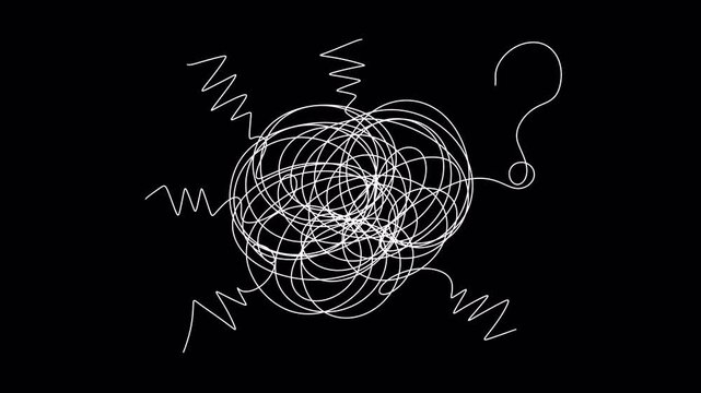 Looped animation of depression, loneliness and chronic overthinking. Sad sitting white stick figure with large messy scribble lines tangle instead of head on transparent background