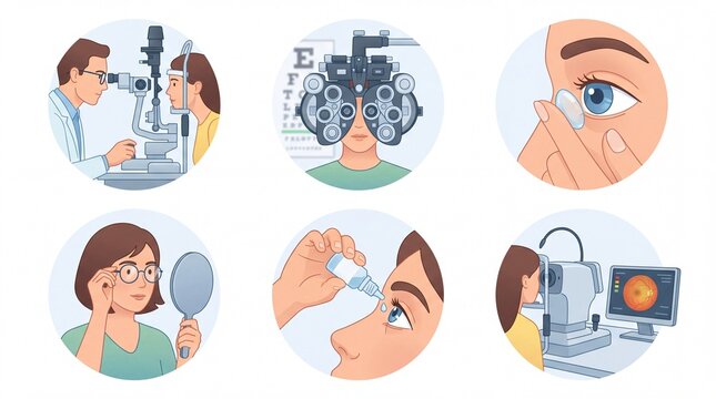 Professional ophthalmology medical consultation icons showing various eye care procedures set isolated on white background