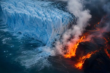 Fototapeta premium Dramatic Collision of Volcanic Lava and Ocean Waves with Steam and Fire on Rocky Shore