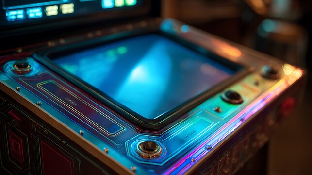 Vintage arcade machine with glowing blue screen and control buttons.