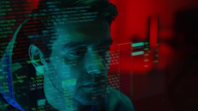 Masked hacker hacking computer. anonymous hacker wearing mask and black hoodie in dark room. online scam and cyber security threat.