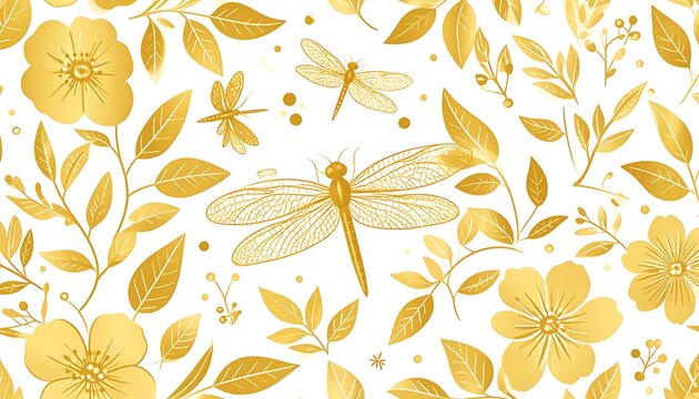Golden floral pattern with dragonflies and leaves on a white background, elegant and delicate design