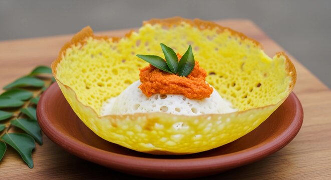 Traditional Sri Lankan egg hopper served on a clay plate with spicy lunu miris and curry leaves authentic South Asian street food