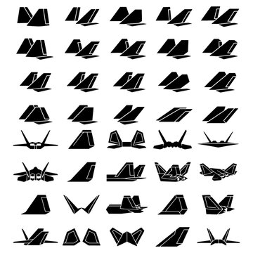 Stealth jet fighter tail fin and vertical stabilizer geometric vector icons