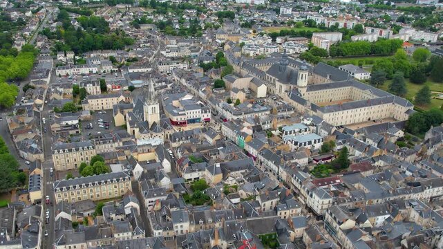  Aerial view beside the old town above the city La Fl&egrave;che in France, on a cloudy noon in early summer.