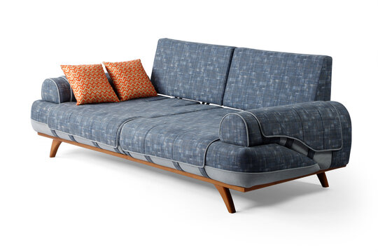 Modern sleeper sofa upholstered in blue-gray textured fabric with wooden legs, featuring decorative orange geometric patterned pillows, isolated on a white background.