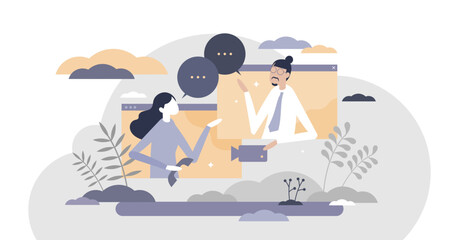 Obraz premium Video call conversation using online webcam computer tiny persons concept, transparent background.Distance web communication using chat or talking apps illustration.